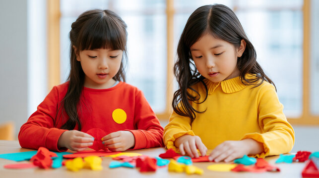 Two young girls engaged in creative play with colorful paper shapes and craft materials on a wooden table in a bright indoor setting