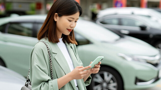 Asian woman in light green coat using smartphone while standing near parked cars in an outdoor urban setting with blurred vehicles in the background