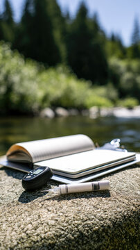 River notebook clipboard thermometer stone riparian foliage