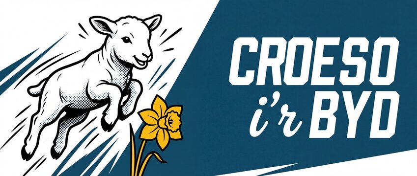 Welsh lamb croeso ir byd spring greeting card vector illustration featuring yellow daffodil flower, newborn baby arrival announcement banner design, retro pop art St Davids Day national Wales concept.
