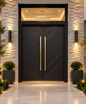 Modern double front door with dark wood texture and gold handles at night