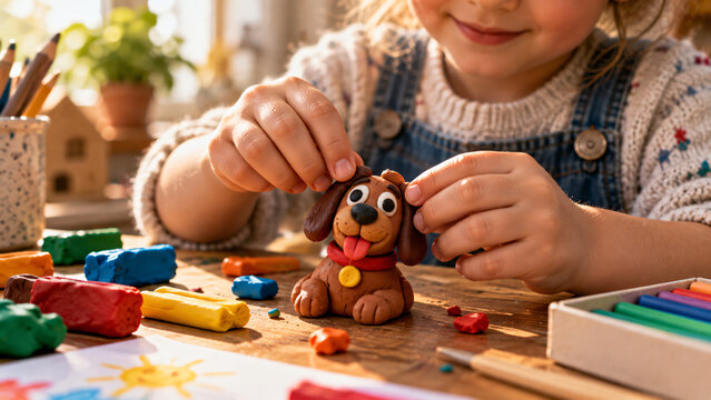 Creative child making a cute dog figurine from colorful modeling clay, developing imagination, artistic skills and fine motor skills