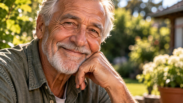 Warm portrait of a happy senior man relaxing in a sunlit garden, representing healthy aging, happiness, wisdom and wellbeing