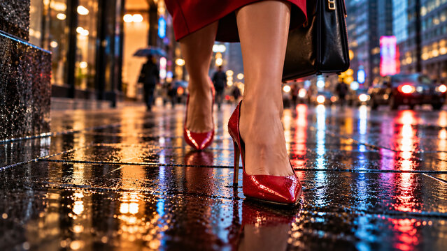 Elegant woman walking through a rainy city at night in glossy red high heels, with colorful reflections from street lights on the wet pavement