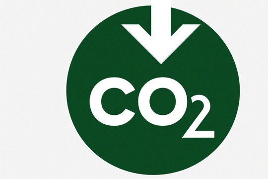 Minimalist green circle icon with white arrow pointing down to CO2 text. Graphic represents carbon footprint reduction, eco friendly lifestyle. Concept for climate change awareness, sustainable
