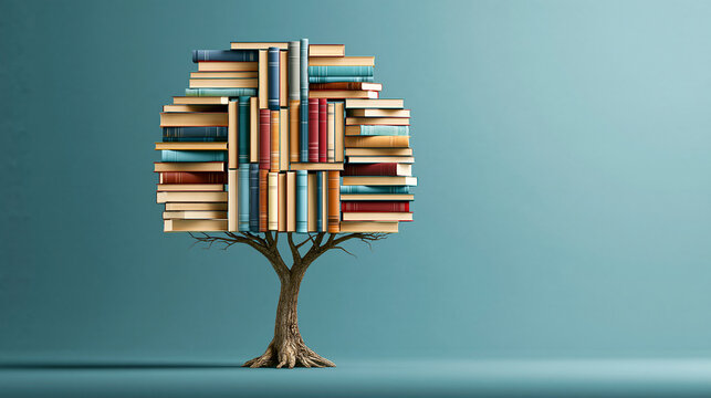A conceptual tree with a canopy made of stacked books stands against a blue studio background. Ideal for education and learning concepts.
