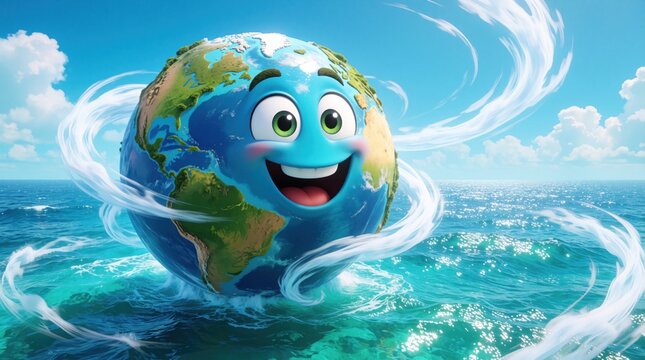 Smiling cartoon Earth floats on bright blue ocean waves under a clear sky. Swirling white clouds or wind wrap around planet. Nature, climate, travel, and fun.