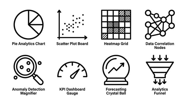 Data Analytics Icons Set: A collection of sleek, minimalist line icons representing various data analysis concepts, including charts, graphs, and visualization tools.