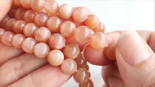 Faceted orange gemstone beads displaying shimmering mineral inclusions and polished surfaces arranged across multiple parallel threads for artisan jewelry projects