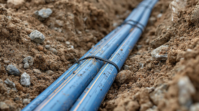 Blue fiber optic cable pipes laid in a dirt trench on a construction site. Infrastructure development and telecommunication concept.