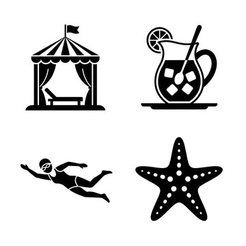 Simple black summer vacation icon set with beach cabana, tropical drink, scuba diver and starfish silhouette symbols for travel stickers, resort signage, holiday poster and seaside activity design!!!!