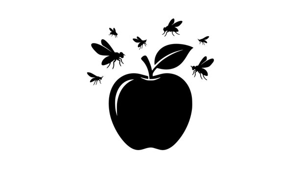 Apple with Flying Flies and Midges Silhouette Vector