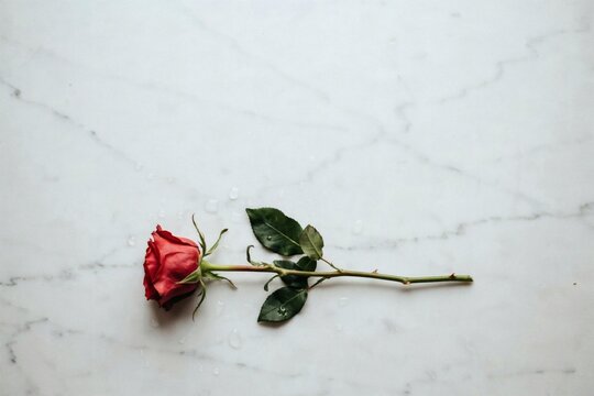 Single red rose with water droplets resting on a white marble surface
