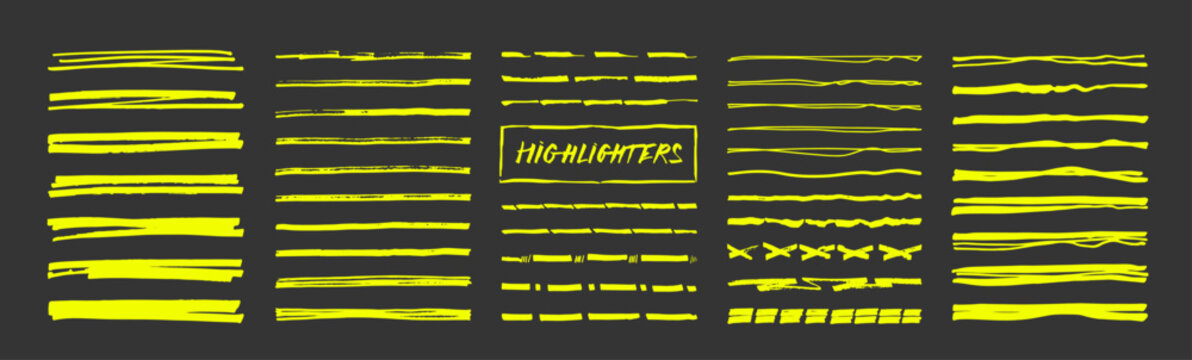 Neon yellow highlighter text correction marks and pointer arrows vector elements