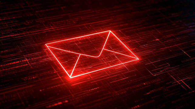 Neon red envelope icon glows on a dark digital background with lines, symbolizing communication. Modern email concept for technology ads.
