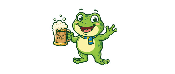 Fototapeta premium Cartoon frog character holding a frothy beer mug