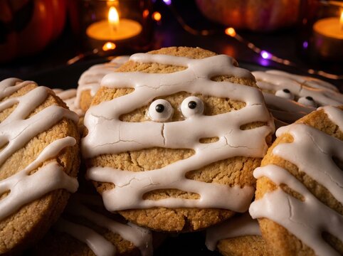 Spooky homemade mummy cookies with googly sugar eyes for Halloween