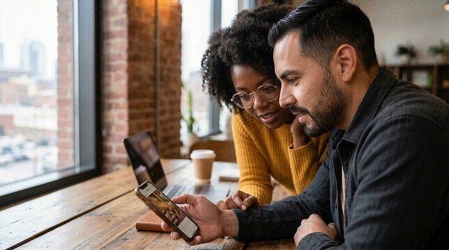 Coworkers review smartphone content in a shared workspace