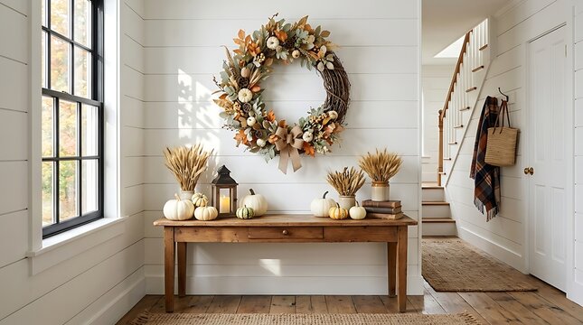 Fall entryway decor with rustic wooden console table and wreath