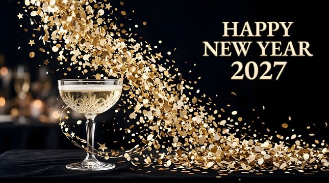 Champagne glass with cascading gold confetti and happy new year 2027