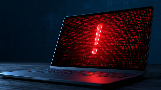 Laptop screen displays a red warning symbol and binary code, symbolizing cyber threats. Concept for digital security alerts.