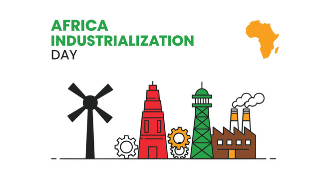 Colorful vector illustration depicting Africa industrialization day concepts featuring modern factory buildings wind turbines and gear icons for business growth