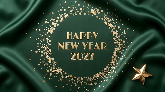 Happy new year 2027 with gold confetti on dark green silk fabric