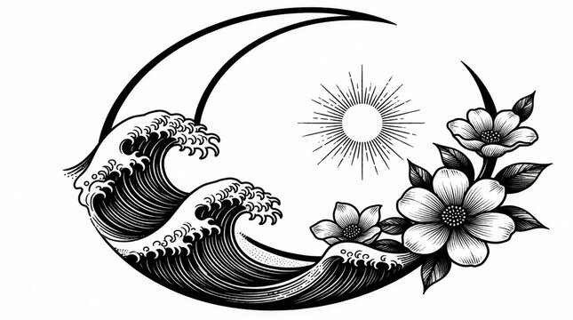 Black, white line art illustration of crescent moon with ocean waves, blooming flowers. Stylized Japanese wave design meets floral elements, sun symbol. Minimalist tattoo graphic shows nature motifs