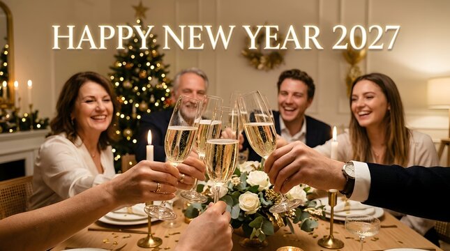Group of friends toasting with champagne glasses at a new year 2027 dinner party