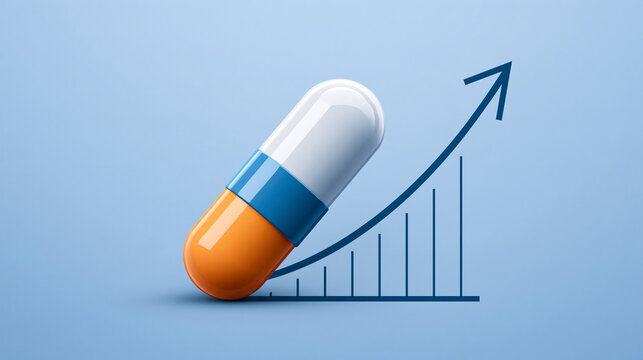 A pharmaceutical pill resting against an upward trending financial growth chart. This represents rising healthcare costs or pharmaceutical market success.