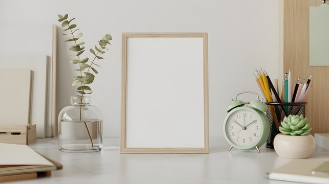 Blank wooden picture frame on a desk with office supplies and decor