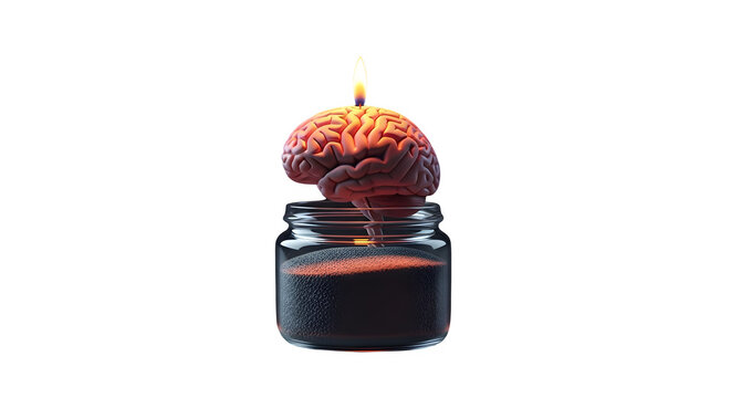 Conceptual burning human brain candle inside a glass jar isolated on a transparent background for creative psychology and mental energy topics