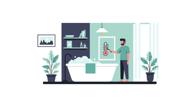 Man Checking Bath Water Temperature with Thermometer, Minimalist Flat Vector Illustration for Energy Efficiency and Home Comfort