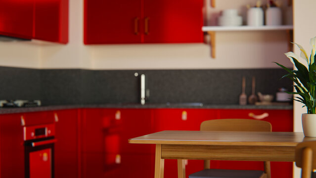 3D Illustration Modern Red Kitchen Interior with Dining Table
