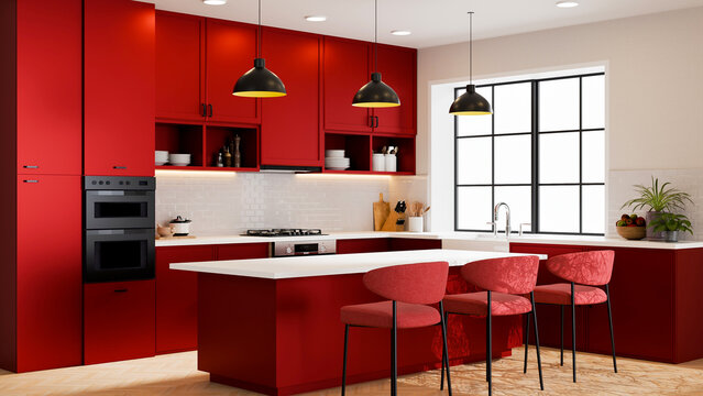 3D Illustration Modern Red Kitchen Interior with Island