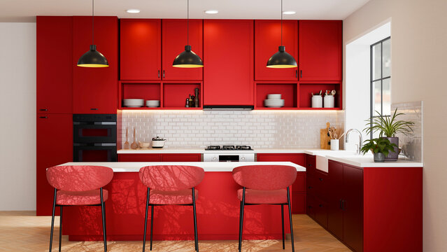3D Illustration Modern Red Kitchen Interior Design with Island