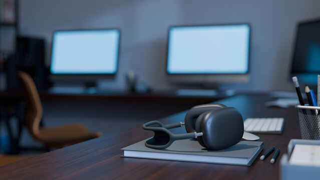 3D Illustration Office Desk Workspace with Wireless Headphones and Dual Monitors