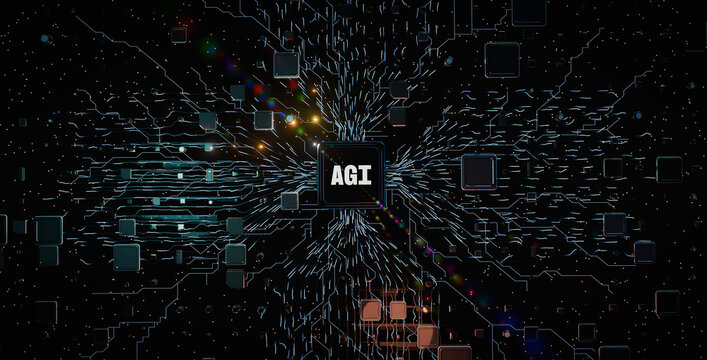 AGI Artificial General Intelligence Processor Chip 3D Illustration with Glowing Circuit Network on Dark Background