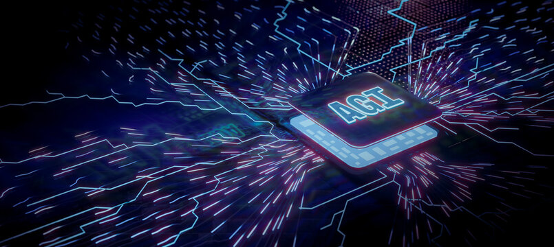 AGI Artificial General Intelligence Glowing Microchip with Neon Circuit Lines 3D Illustration
