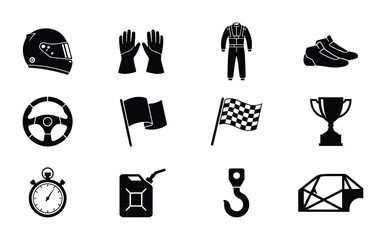 Obraz premium Racing Icons Set: Motorsport Gear, Symbols, and Equipment Vector Graphics for Speed and Competition Themes