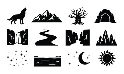 Nature Landscape Icons Set: Wolf, Mountains, Waterfall, River, Cave, Tree, Moon, Sun, Stars, Clouds, Silhouette Graphics for Outdoor Adventure and Wilderness Themes © Bepari