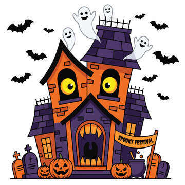 Halloween haunted house with ghosts and jack o lanterns Vector