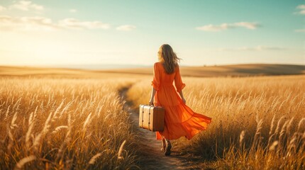 Obraz premium Woman in orange dress walks through golden field carrying vintage suitcase. Path leads towards distant horizon under soft, warm sunlight. Journey starts.