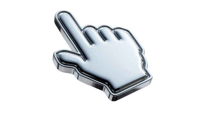 Shiny chrome hand cursor pointing, isolated on transparent background