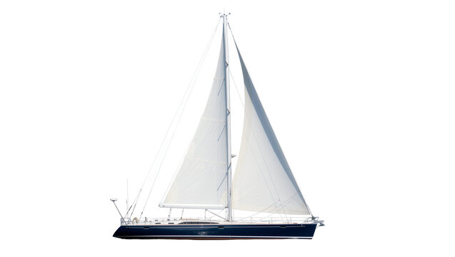 Dark blue sailing yacht with white sails, isolated on transparent background