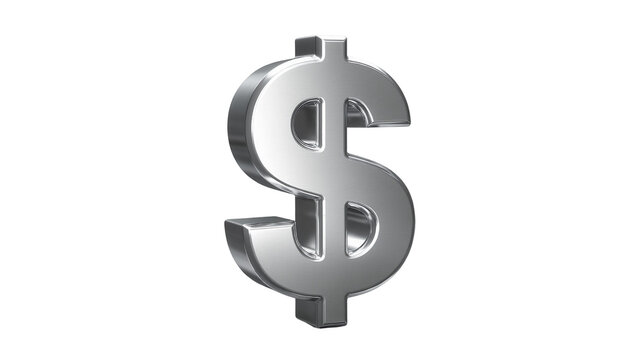 Shiny metallic silver dollar sign symbol, isolated on transparent background