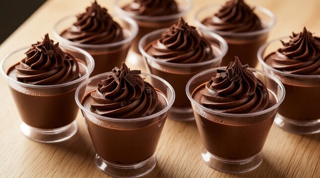 Delicious chocolate mousse in small clear plastic cups. Sweet dark cocoa dessert with creamy swirl, chocolate shavings on light wooden table. Tasty mini pudding treats for party, catering, cafe menu.
