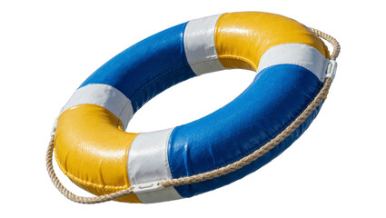 Blue yellow and white striped life preserver ring with rope, isolated on transparent background © Giulia