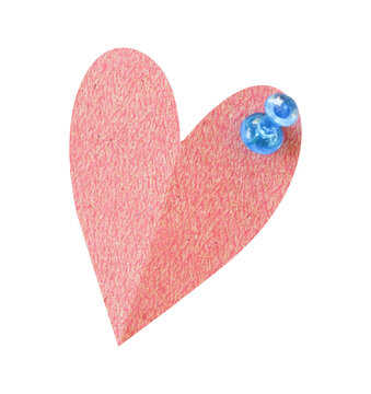 pink heart made from paper cut with pushpin on a white background isolated