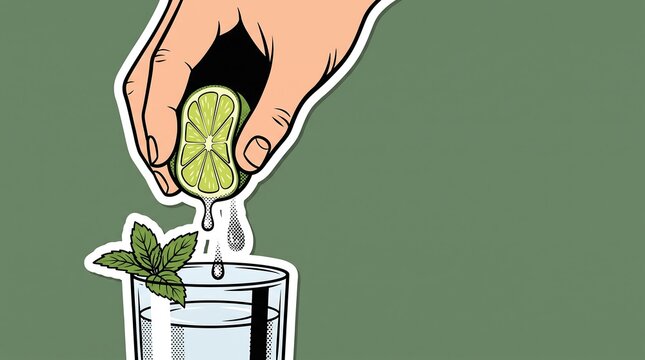 Hand squeezing fresh lime into a cocktail glass with mint on a solid green background